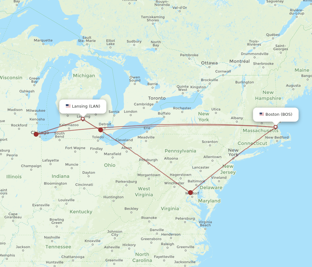 All flight routes from Lansing to Boston, LAN to BOS Flight Routes