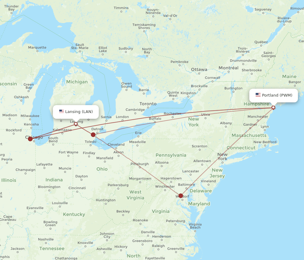 Flights from Lansing to Portland, LAN to PWM Flight Routes
