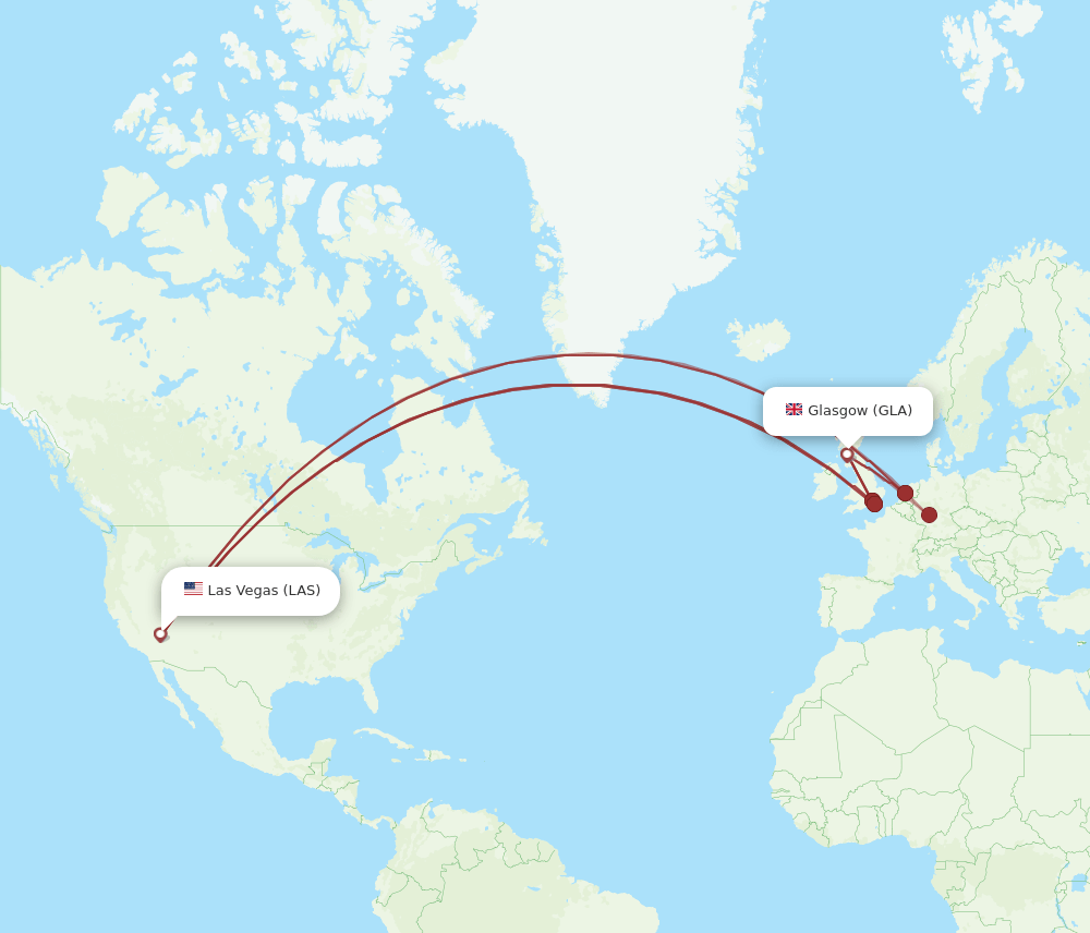 All flight routes from Las Vegas to Glasgow, LAS to GLA Flight Routes
