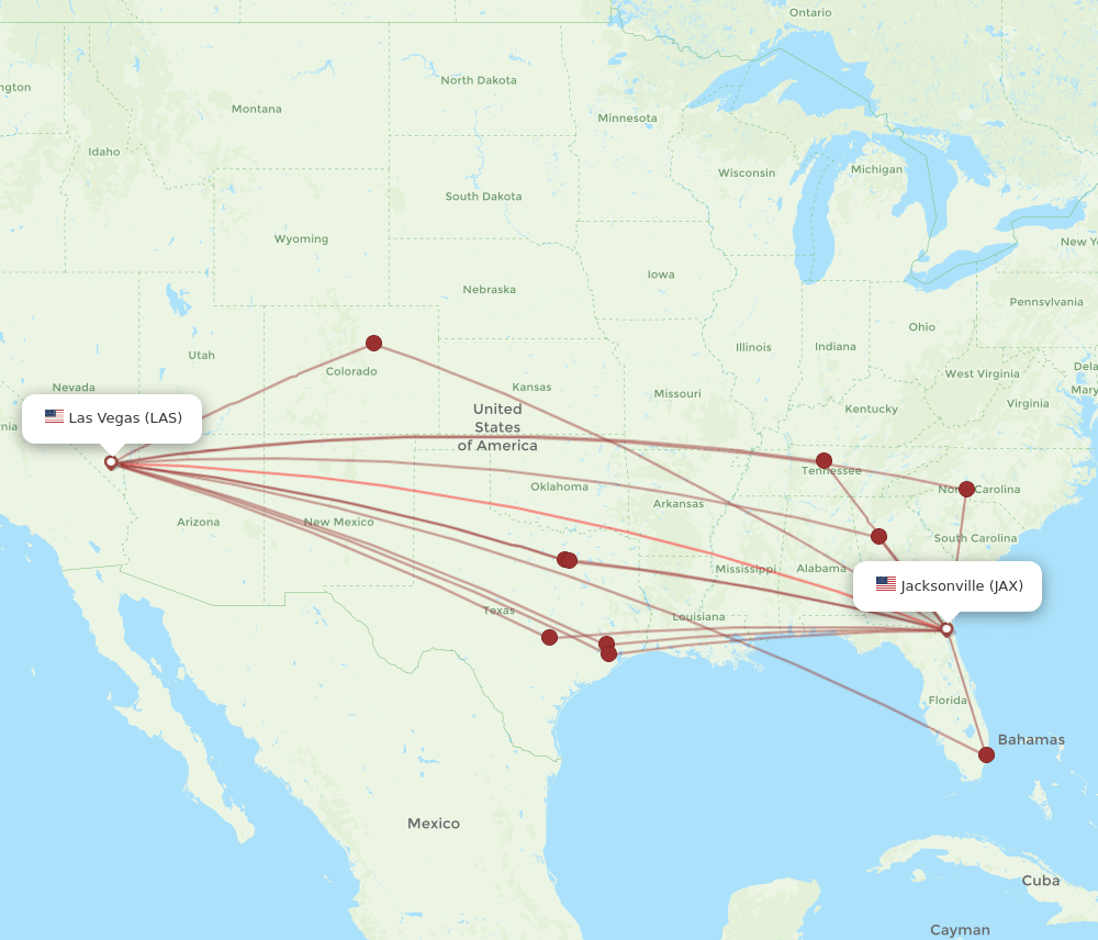 All flight routes from Las Vegas to Jacksonville, LAS to JAX Flight