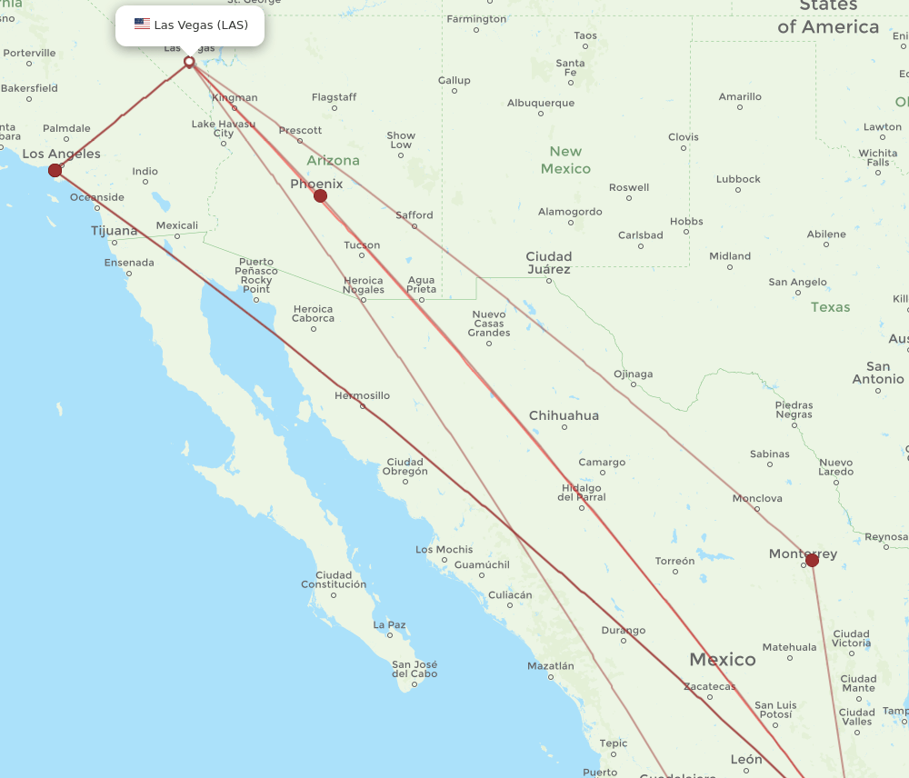 All flight routes from Las Vegas to Mexico City, LAS to MEX Flight Routes
