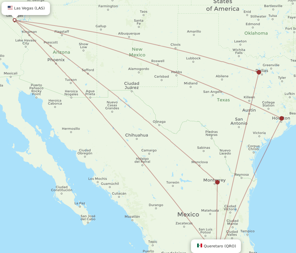 All flight routes from Las Vegas to Queretaro, LAS to QRO Flight Routes