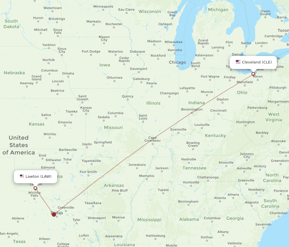 Flights from Lawton to Cleveland, LAW to CLE Flight Routes