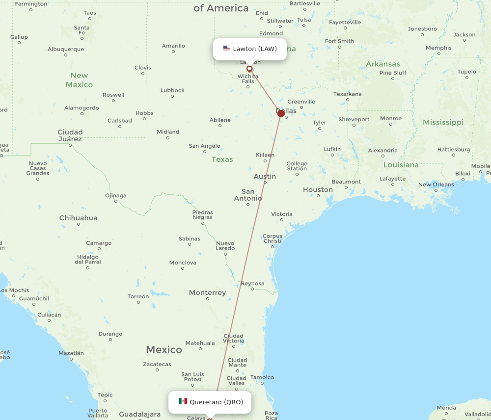 Flights from Lawton to Queretaro, LAW to QRO Flight Routes