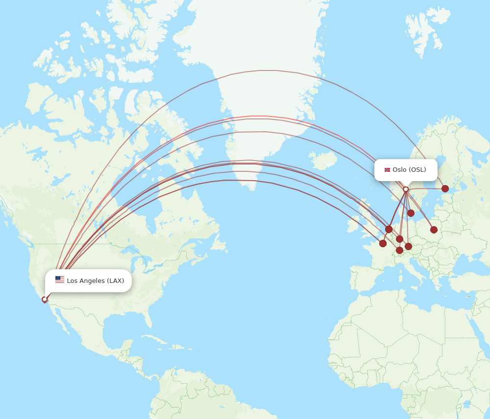 All flight routes from Los Angeles to Oslo, LAX to OSL Flight Routes