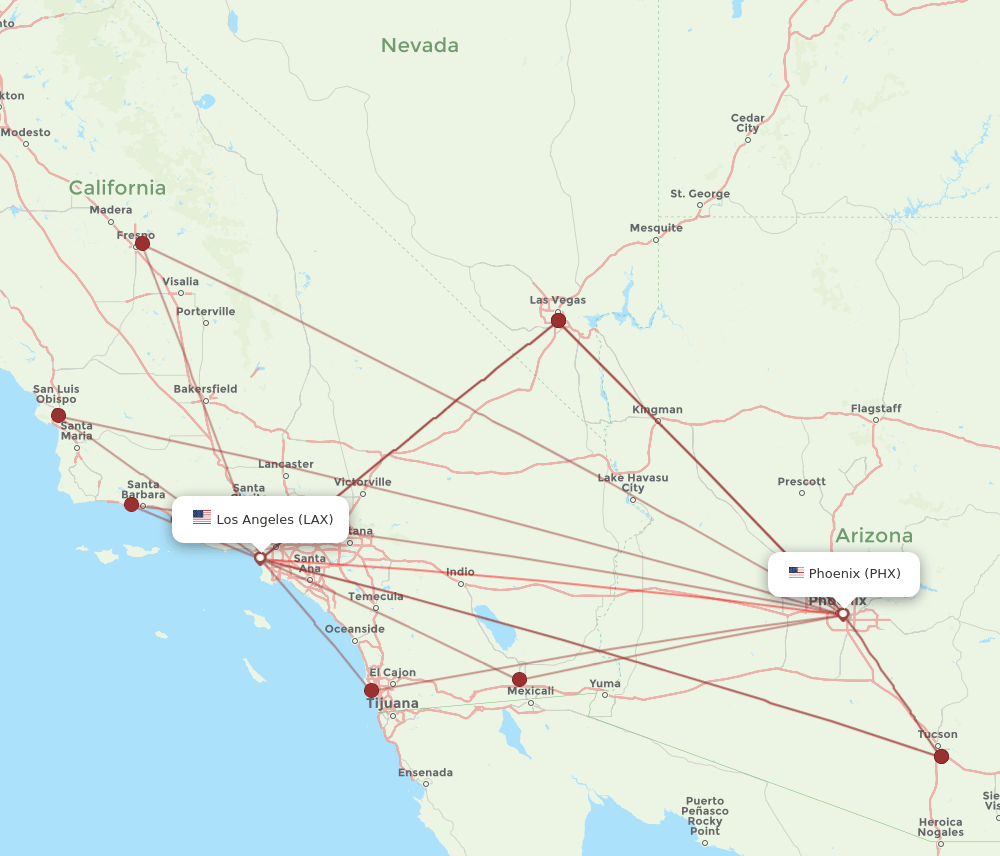 All flight routes from Los Angeles to Phoenix, LAX to PHX Flight Routes