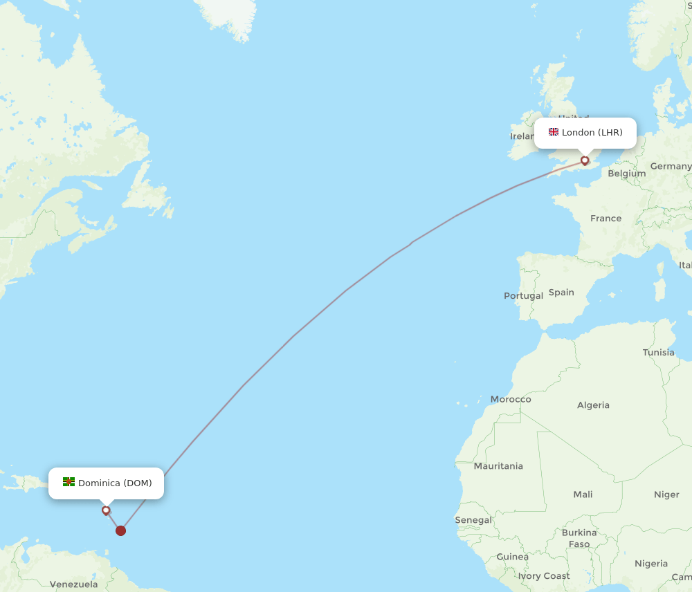Flights from London to Dominica, LHR to DOM Flight Routes