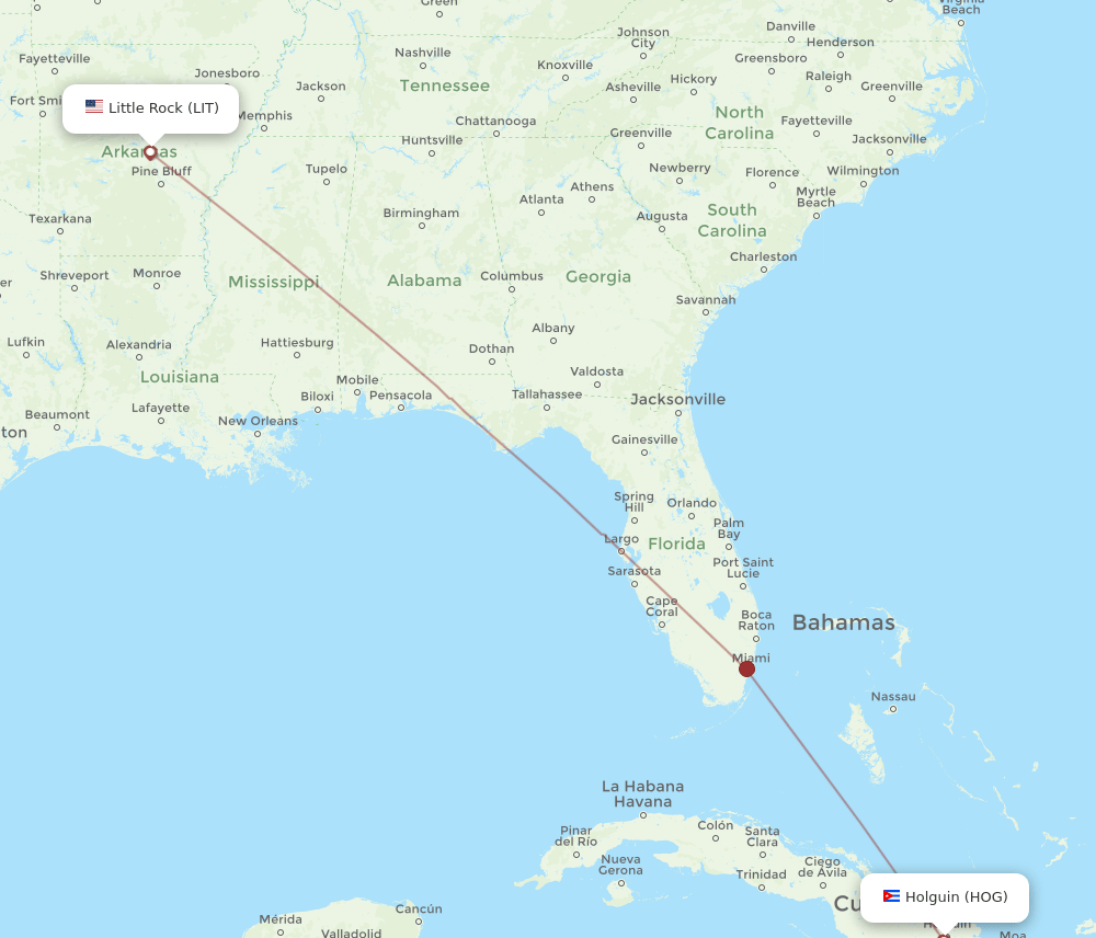 Flights from Little Rock to Holguin, LIT to HOG Flight Routes