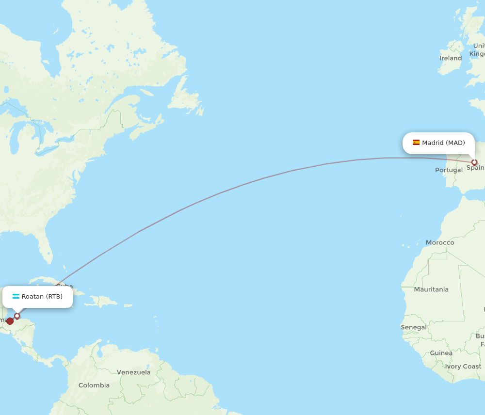 All flight routes from Madrid to Roatan, MAD to RTB Flight Routes