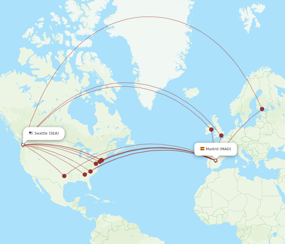 All flight routes from Madrid to Seattle, MAD to SEA Flight Routes
