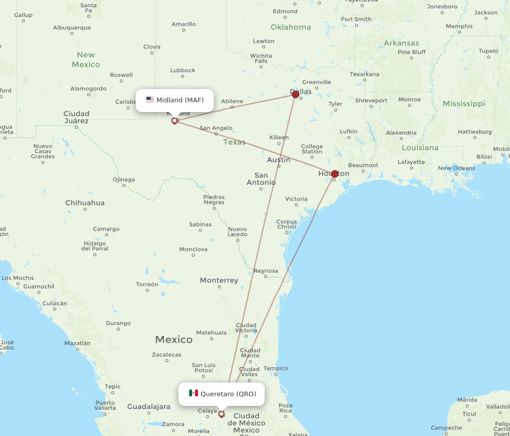 All flight routes from Midland to Queretaro, MAF to QRO Flight Routes