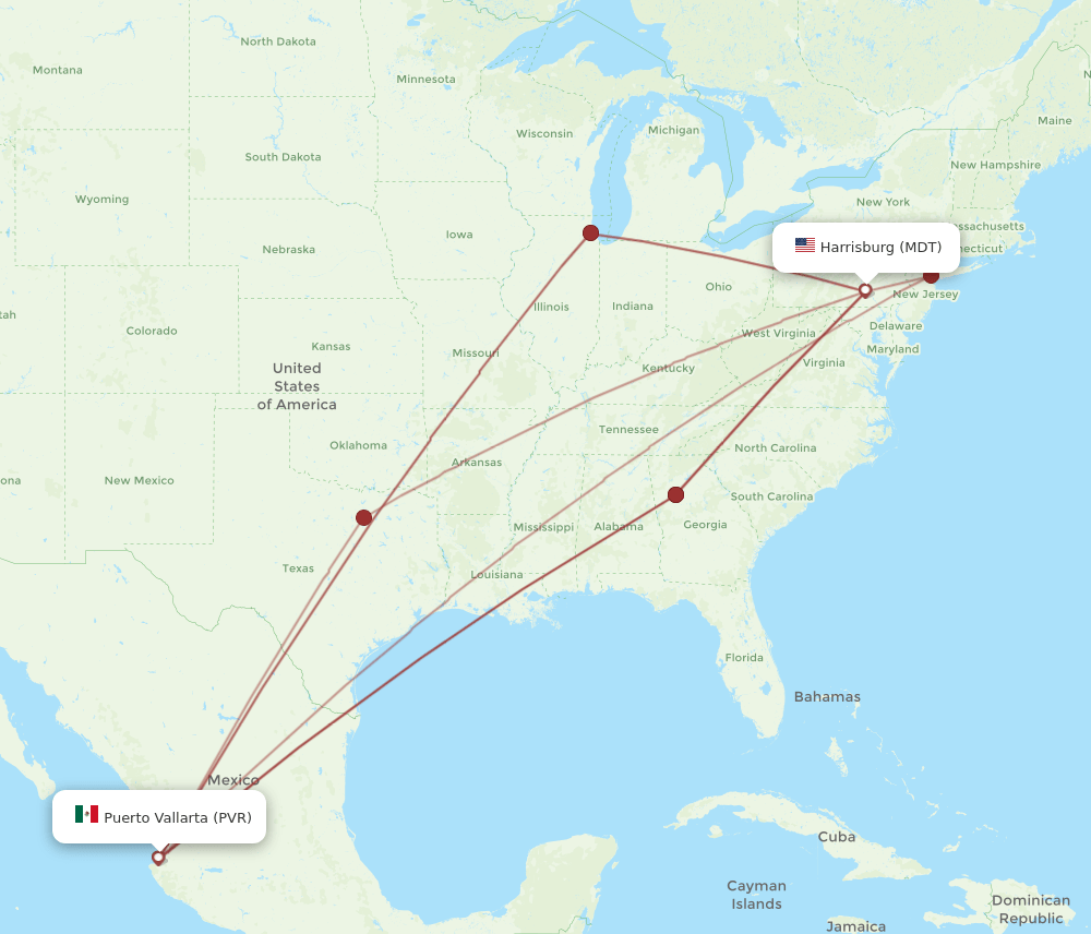 All flight routes from Middletown to Puerto Vallarta, MDT to PVR