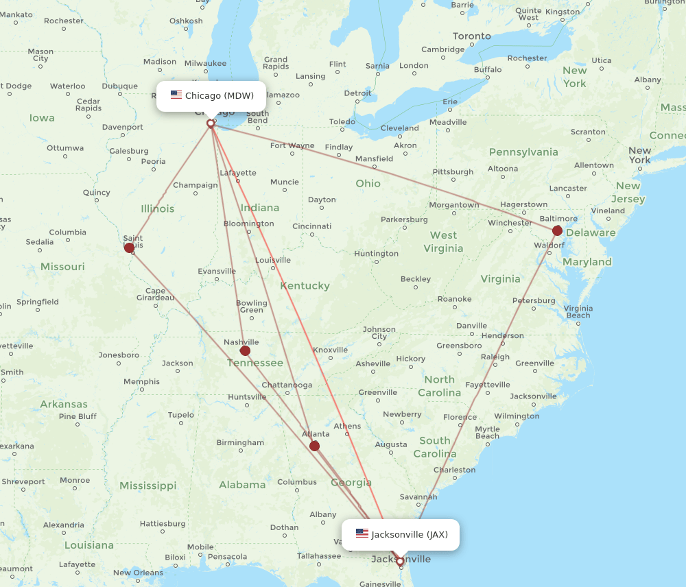All flight routes from Chicago to Jacksonville, MDW to JAX Flight Routes