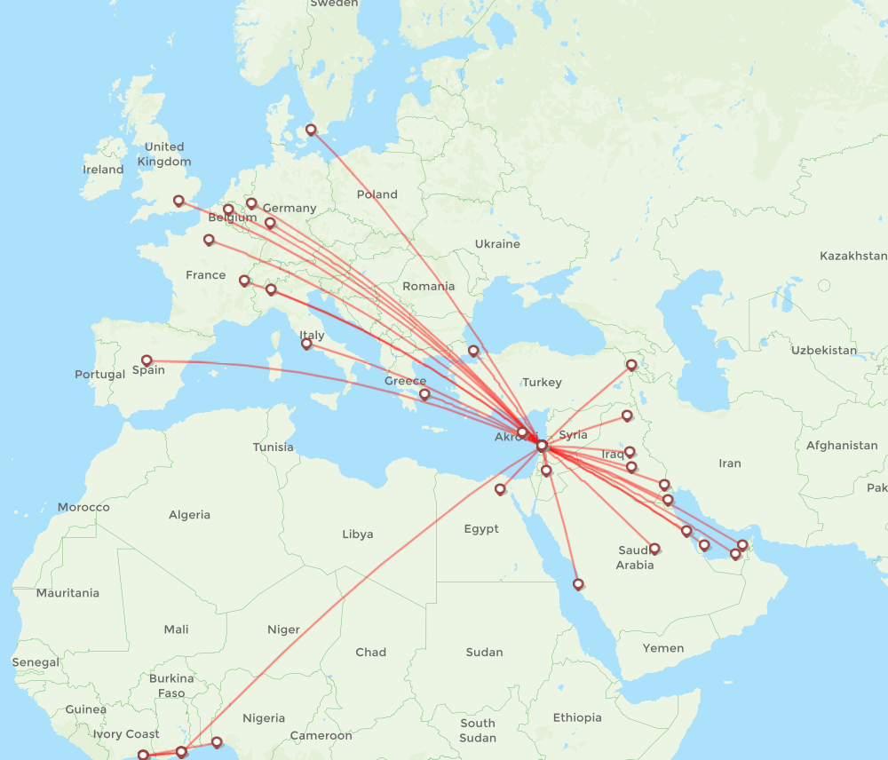 Middle East Airlines routes (ME) 2026, map Flight Routes