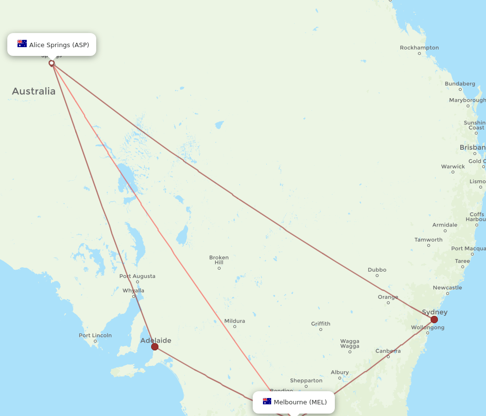 All flight routes from Melbourne to Alice Springs, MEL to ASP Flight