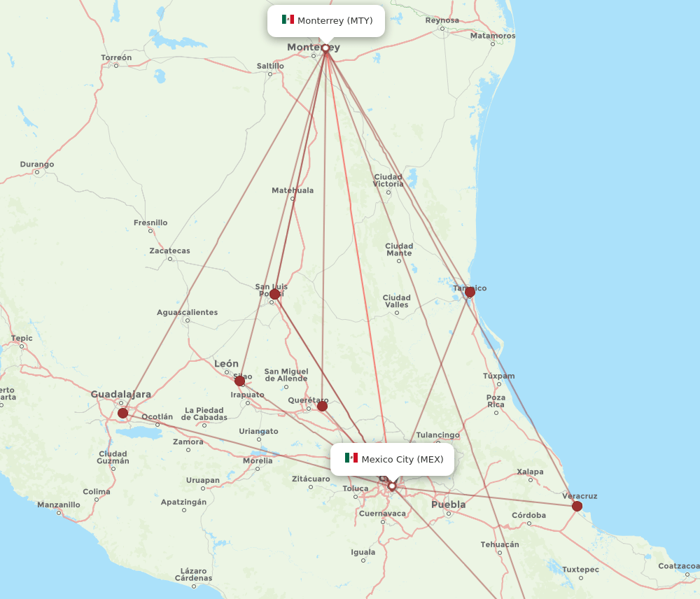 All flight routes from Mexico City to Monterrey, MEX to MTY Flight Routes