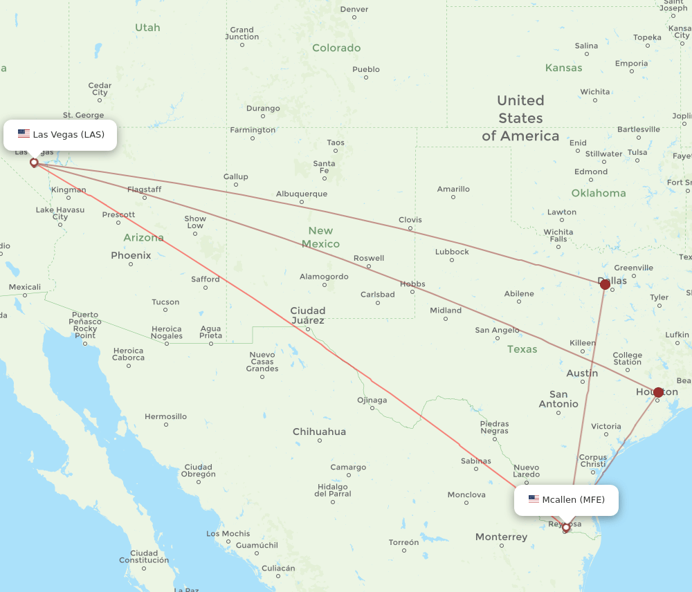 All flight routes from McAllen to Las Vegas, MFE to LAS Flight Routes
