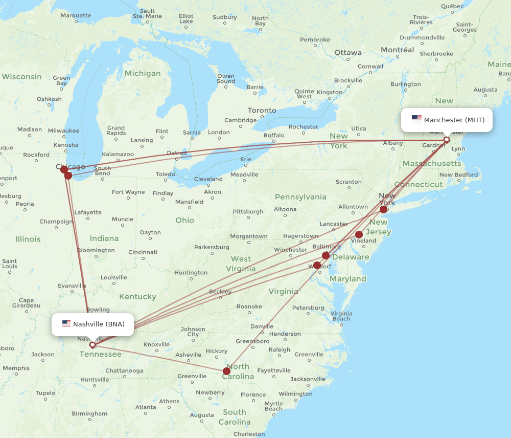 Flights from Manchester to Nashville, MHT to BNA Flight Routes