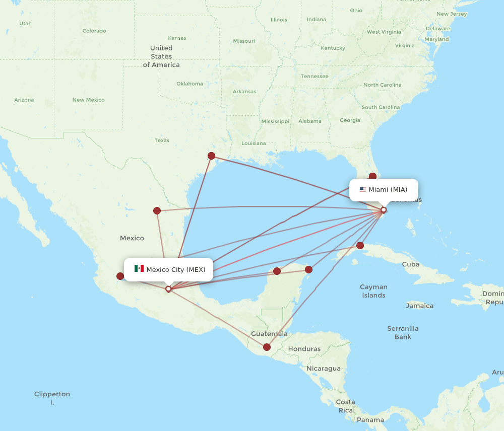 All flight routes from Miami to Mexico City, MIA to MEX Flight Routes