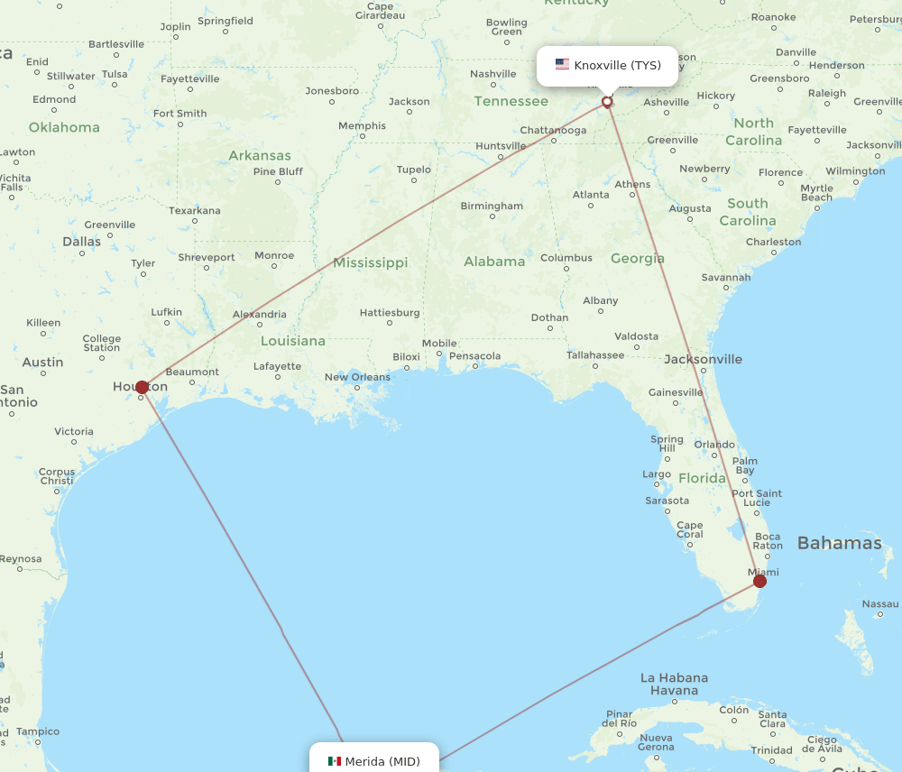 Flights from Merida to Knoxville, MID to TYS Flight Routes