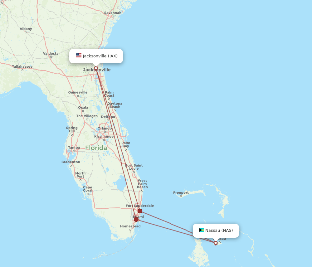 All flight routes from Nassau to Jacksonville, NAS to JAX Flight Routes