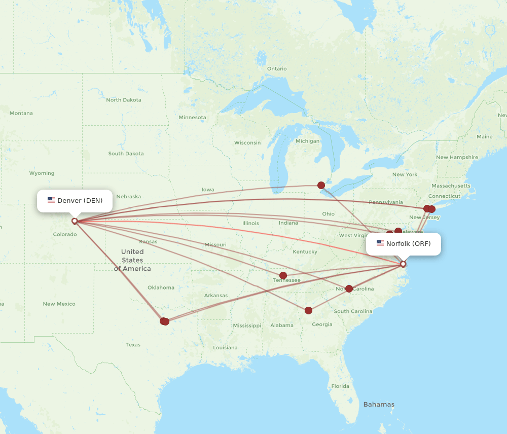 Flights from Norfolk to Denver, ORF to DEN Flight Routes