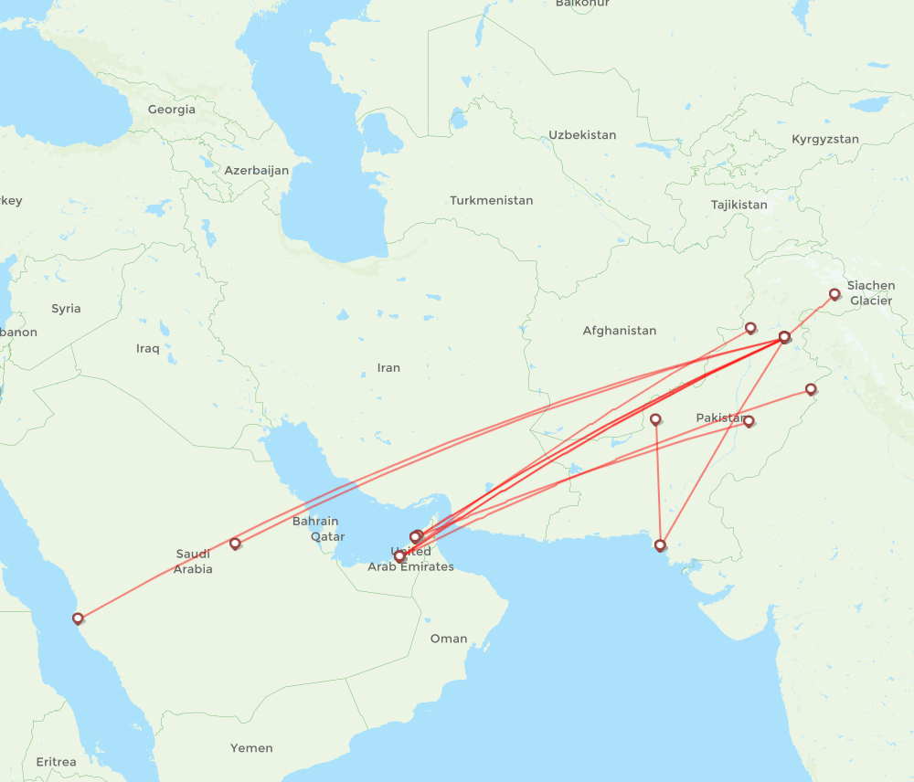 Airblue airline routes (PA) 2024, map Flight Routes