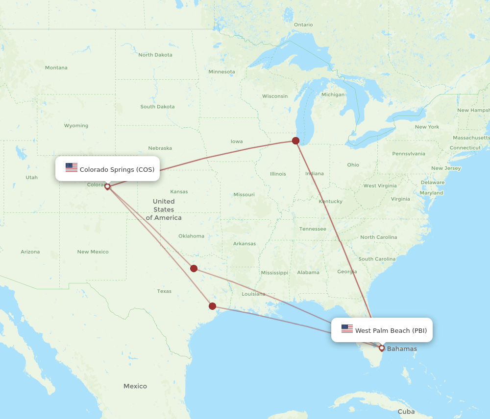 All flight routes from West Palm Beach to Colorado Springs, PBI to COS