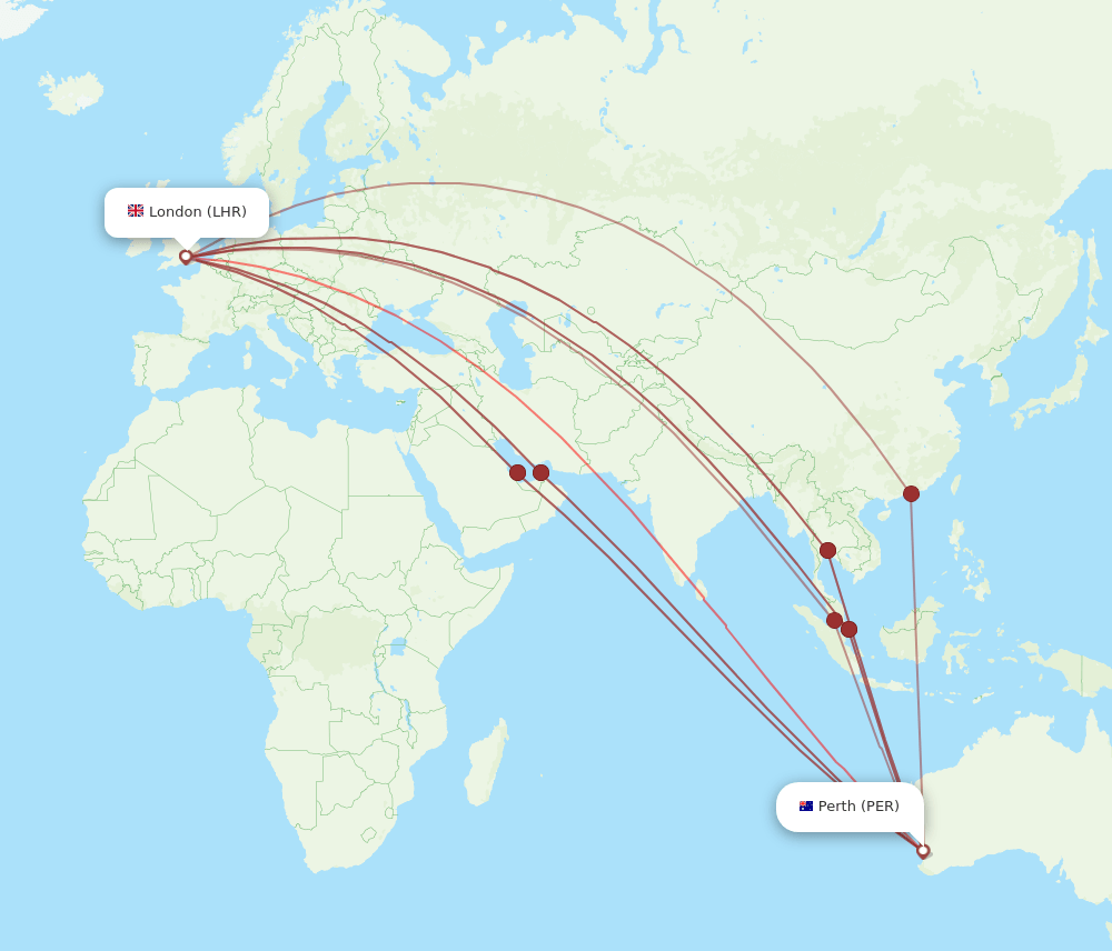 All flight routes from Perth to London, PER to LHR Flight Routes