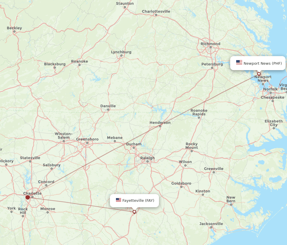 Flights from Newport News to Fayetteville, PHF to FAY Flight Routes