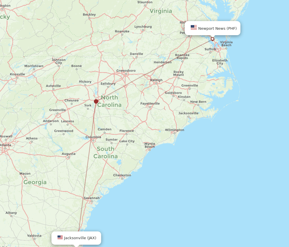 All flight routes from Newport News to Jacksonville, PHF to JAX