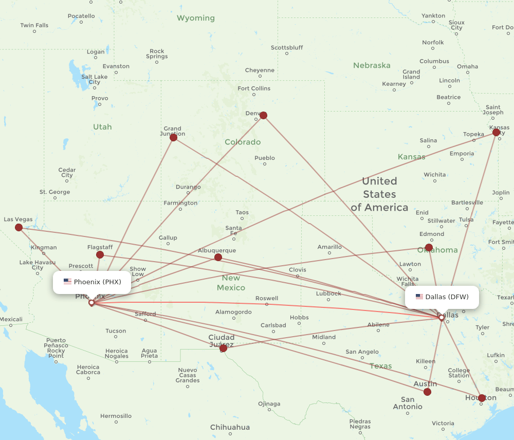 All flight routes from Phoenix to Dallas, PHX to DFW Flight Routes