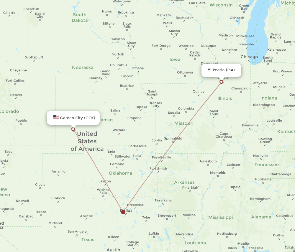 Flights from Peoria to Garden City, PIA to GCK Flight Routes