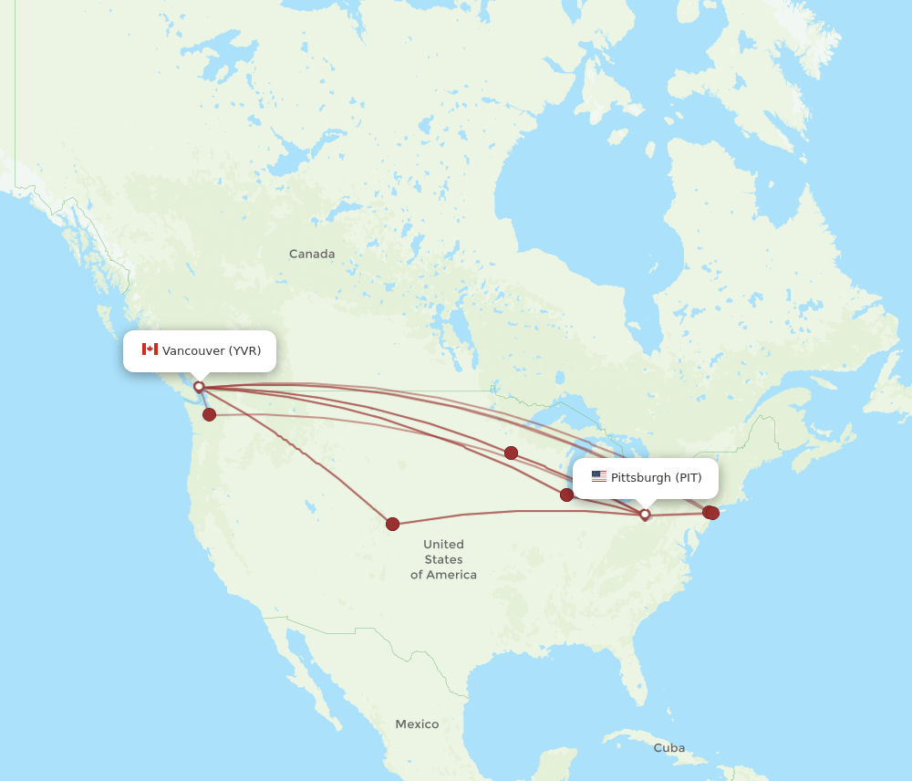 All flight routes from Pittsburgh to Vancouver, PIT to YVR Flight Routes