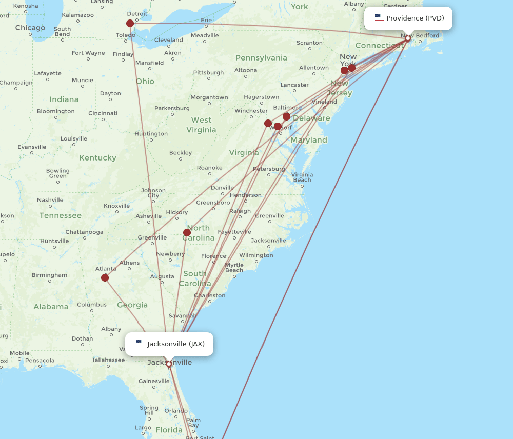 All flight routes from Providence to Jacksonville, PVD to JAX Flight Routes