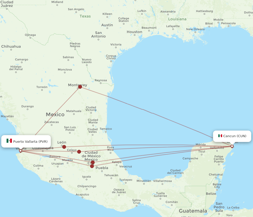 All flight routes from Puerto Vallarta to Cancun, PVR to CUN Flight