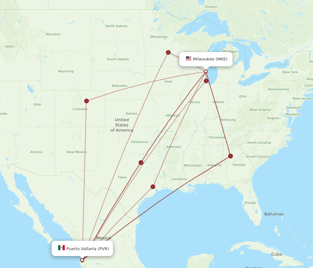 Flights from Puerto Vallarta to Milwaukee, PVR to MKE Flight Routes