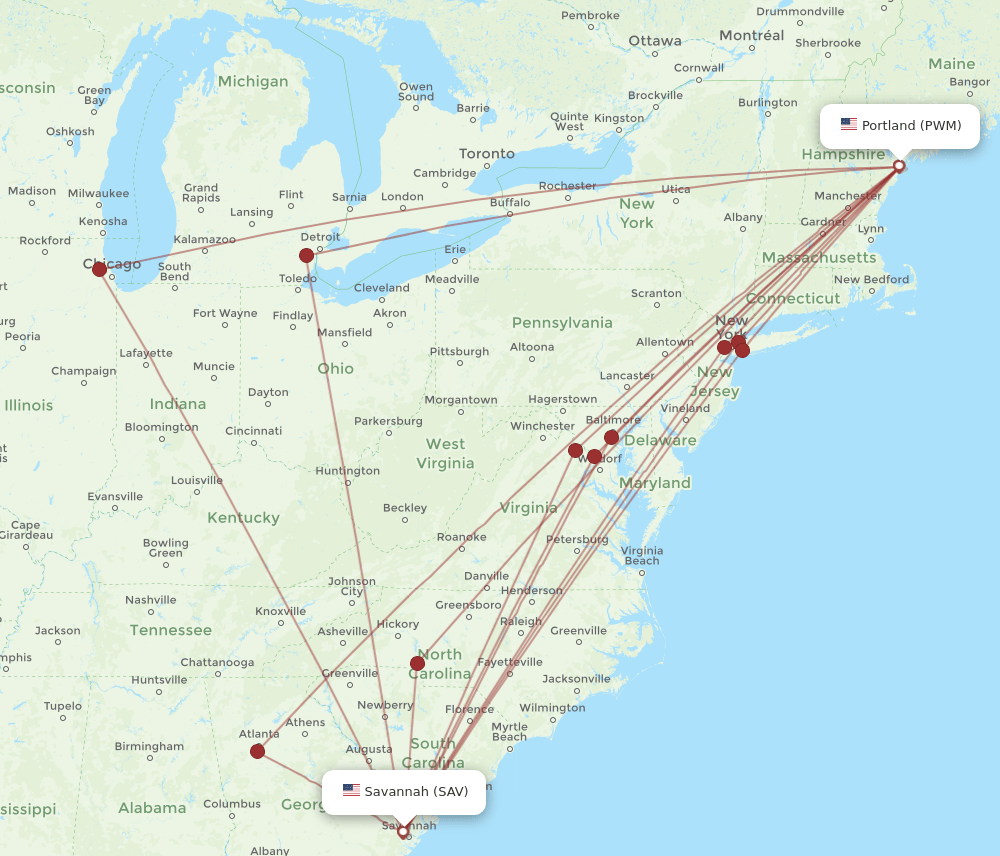 Flights from Portland to Savannah, PWM to SAV Flight Routes