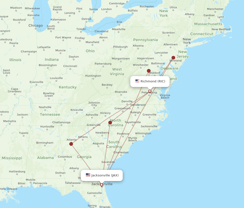 All flight routes from Richmond to Jacksonville, RIC to JAX Flight Routes