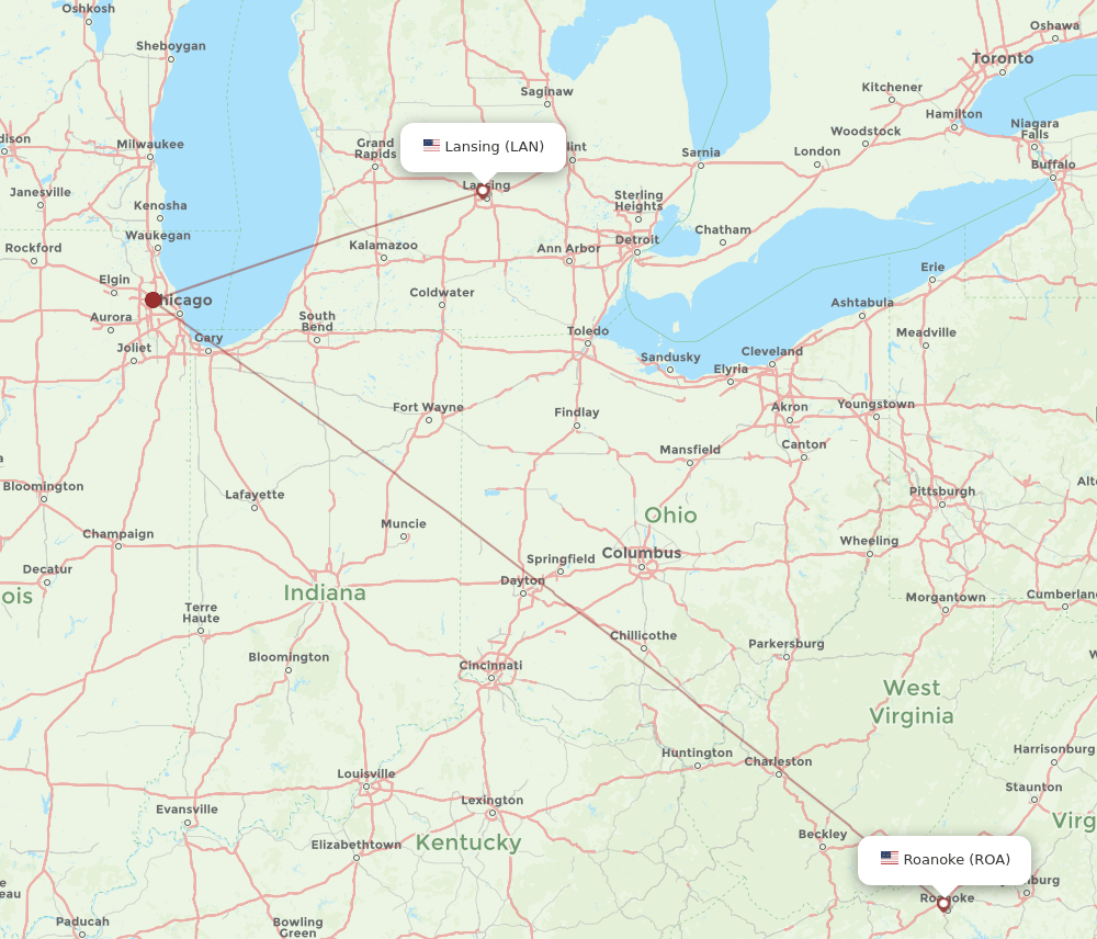 Flights from Roanoke to Lansing, ROA to LAN Flight Routes