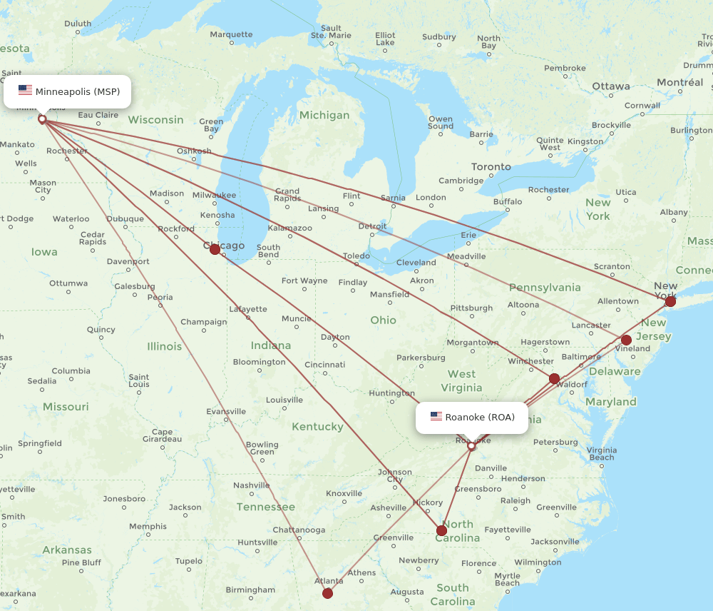 All flight routes from Roanoke to Minneapolis, ROA to MSP Flight Routes