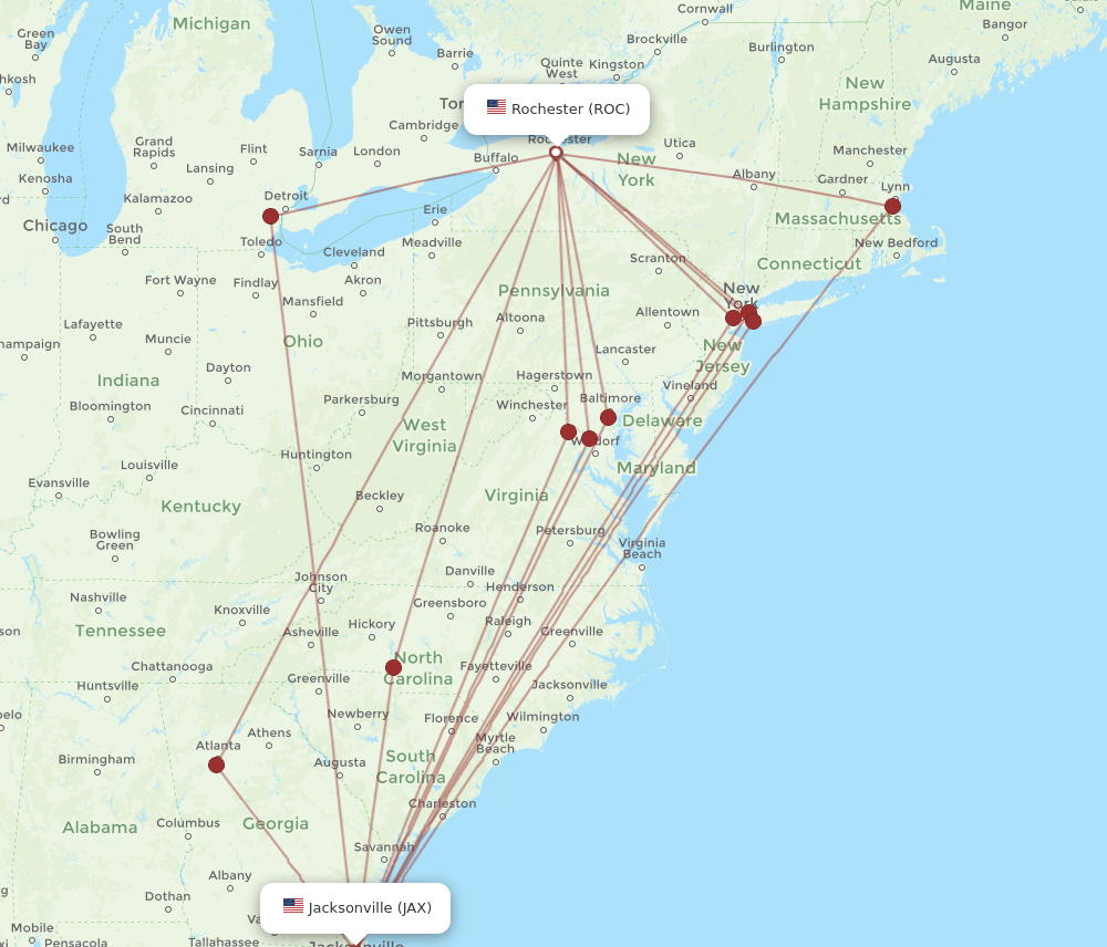 All flight routes from Rochester to Jacksonville, ROC to JAX Flight