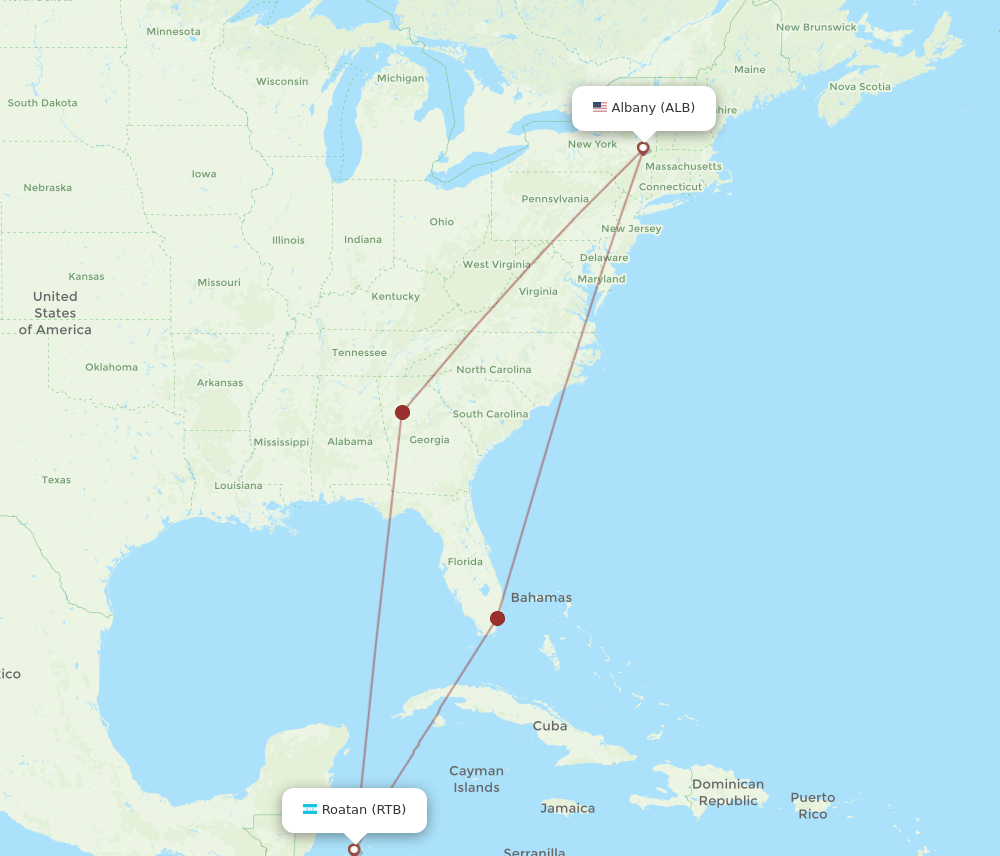 Flights from Roatan to Albany, RTB to ALB Flight Routes