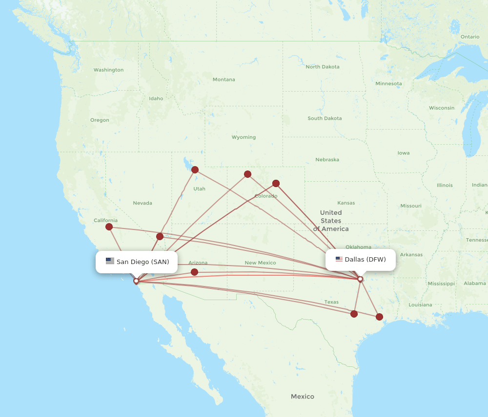 All flight routes from San Diego to Dallas, SAN to DFW Flight Routes