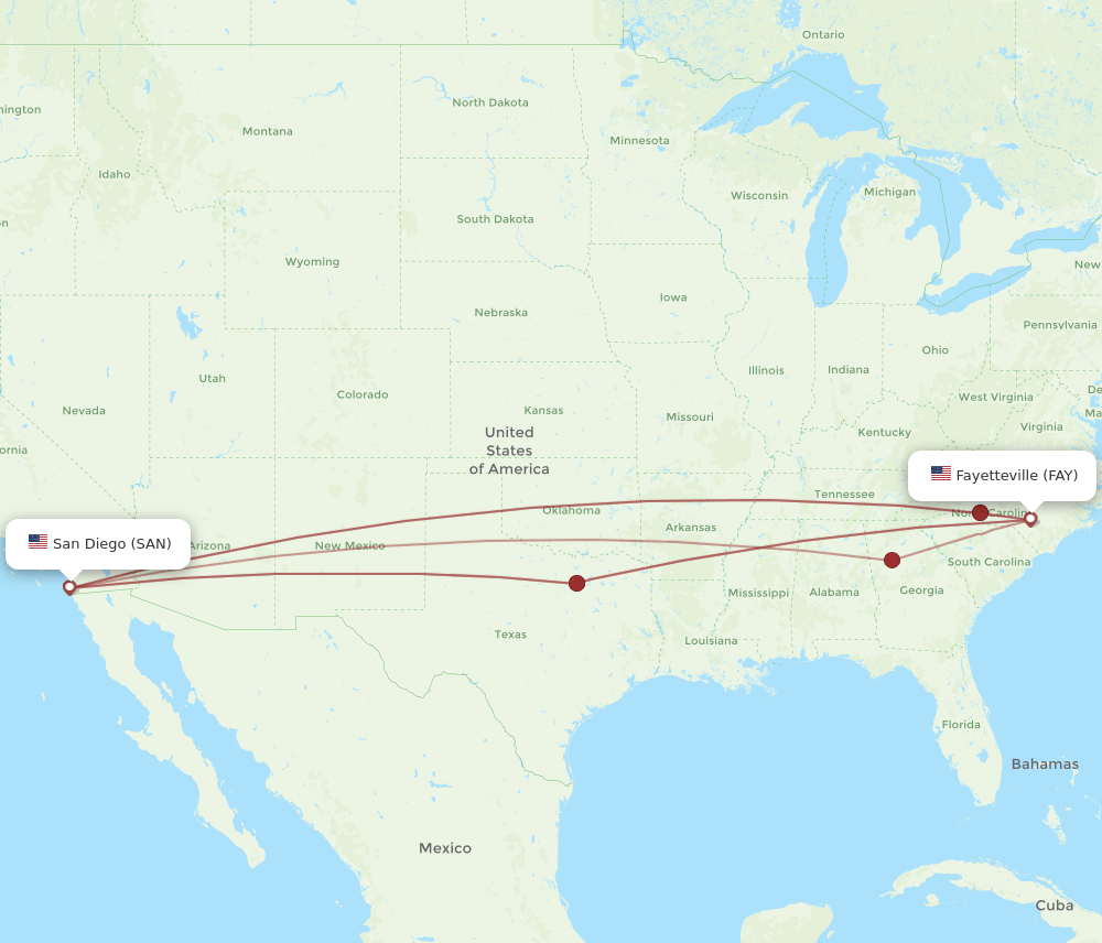 Flights from San Diego to Fayetteville, SAN to FAY Flight Routes