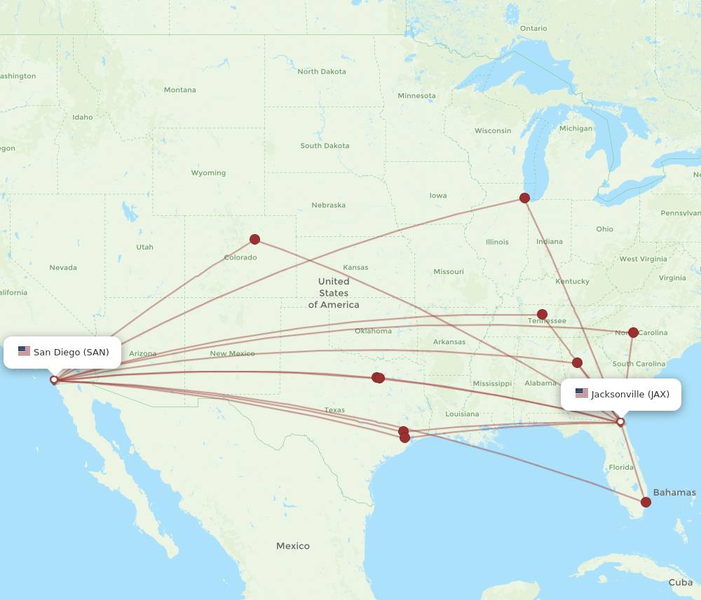 All flight routes from San Diego to Jacksonville, SAN to JAX Flight
