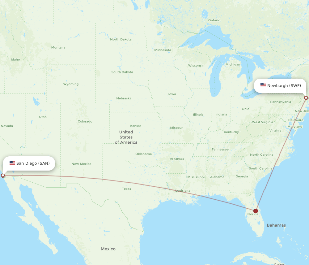 Flights from San Diego to Newburgh, SAN to SWF Flight Routes