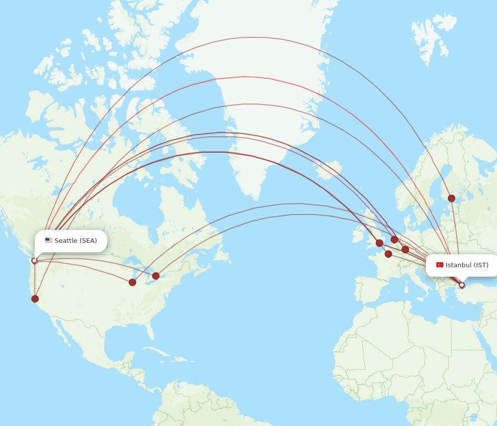 All flight routes from Seattle to Istanbul, SEA to IST Flight Routes