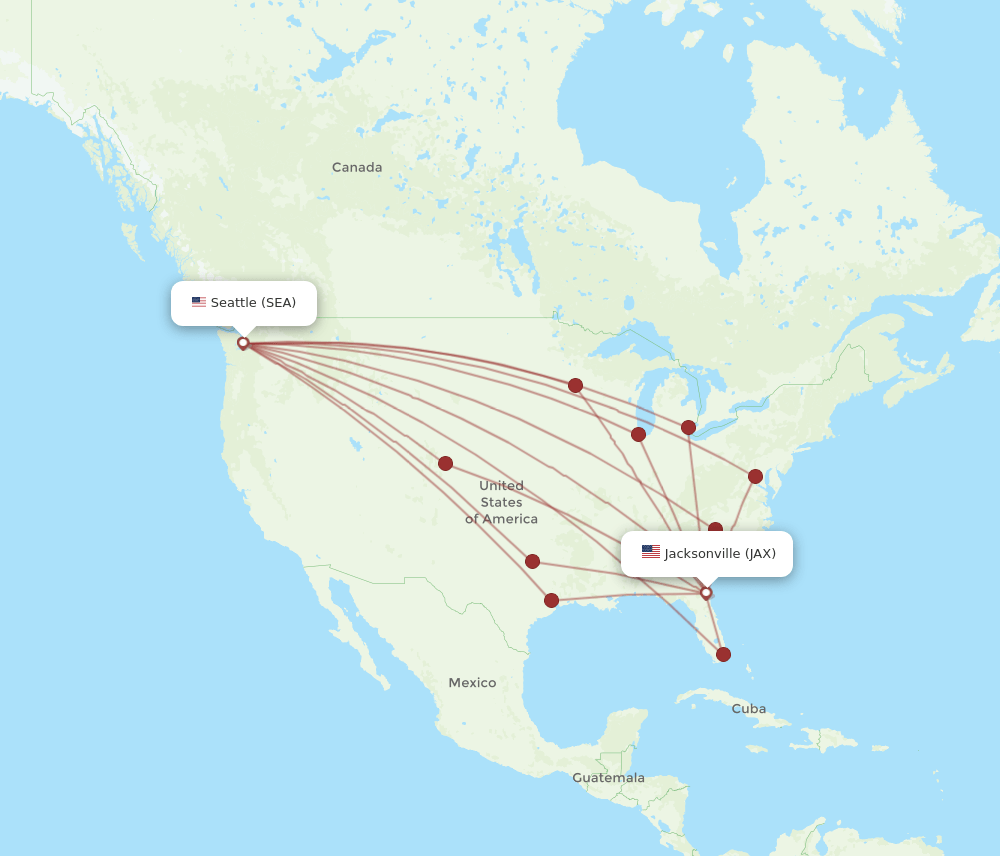 All flight routes from Seattle to Jacksonville, SEA to JAX Flight Routes