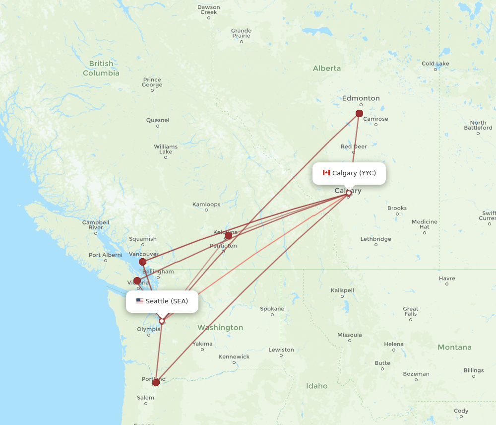 All flight routes from Seattle to Calgary, SEA to YYC Flight Routes